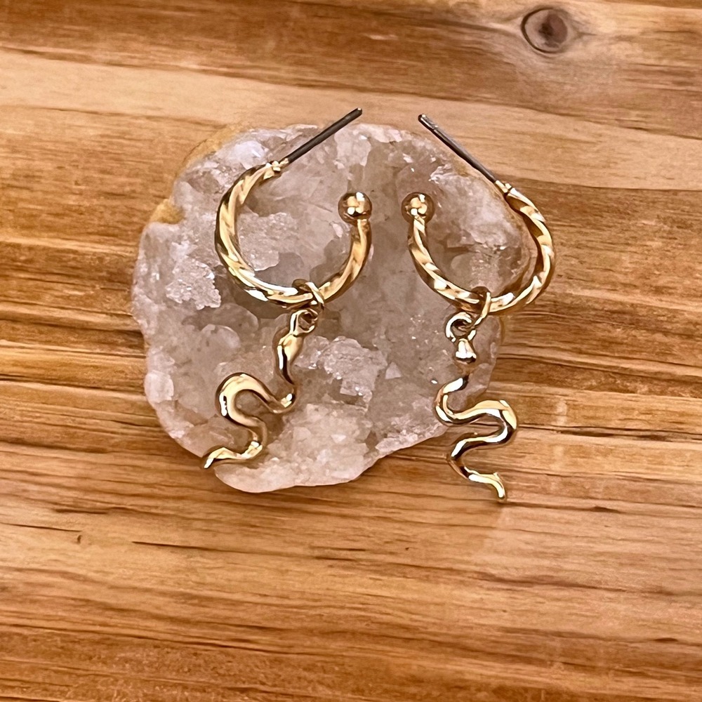 Gold Round Spiral Hoop Post Earrings With Boho Snake Charm-Gift Reptile Glam-New